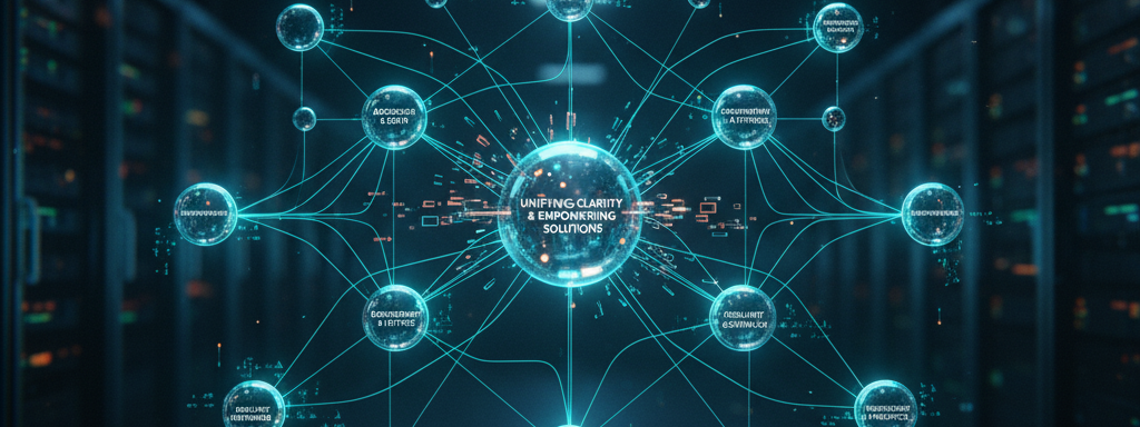 A conceptual, abstract network diagram with interconnected glowing nodes, representing a decentralized organization.
